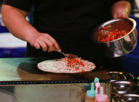 Hand cooking Maxican food, plate with taco, tortilla chips and tomato dipの写真素材