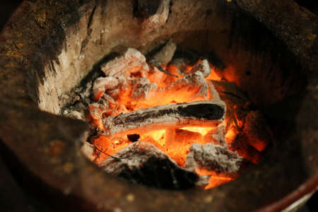 closeup charcoal with flame for cookingの写真素材