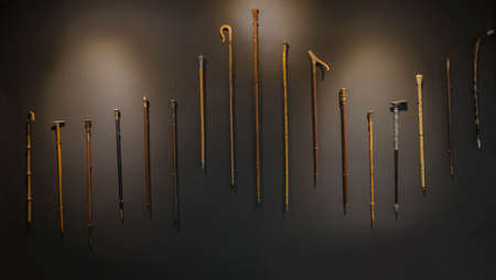 elegant Set of walking sticks and crutches. Telescopic metal canes, wooden cane with additional support, elbow crutch. Medical devices for help accident peopleのeditorial素材