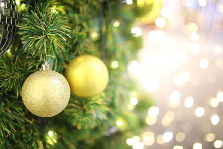 gold color Christmas ball hang on green pine tree with blurred night light new year party background for add text.の写真素材