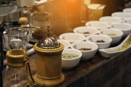 coffee machine in shop background ,Professional barista use manual brew machine making espresso in a cafe. Timer digital for control coffee temperatureの写真素材