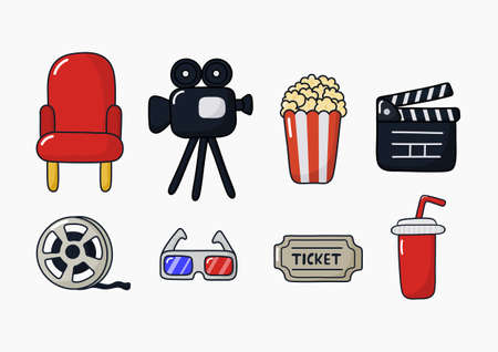set of cinema icons signs and symbols collection for websites isolated on white background. illustration vector.のイラスト素材