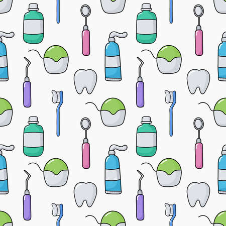 cute funny dentist equipment icons seamless pattern. cartoon style. isolated on white background. vector illustration.のイラスト素材