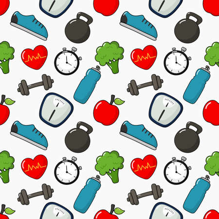 fitness seamless pattern healthy lifestyle isolated on white background. vector Illustration.のイラスト素材