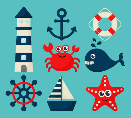 nautical set icons cartoon style. isolated on blue background. vector illustration.のイラスト素材