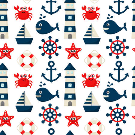 seamless pattern nautical icons cartoon style. isolated on white background. vector illustration.のイラスト素材