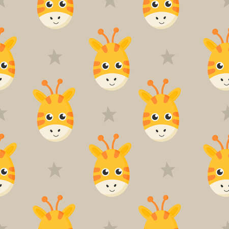 cute seamless pattern with cartoon giraffe face for kids. animal on gray background. vector illustration.のイラスト素材