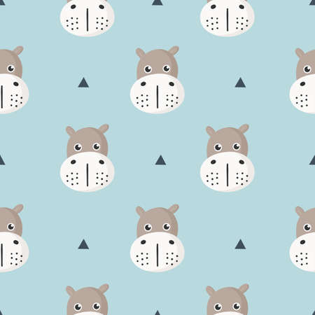 cute seamless pattern with cartoon baby hippo for kids. animal on blue background. vector illustration.のイラスト素材