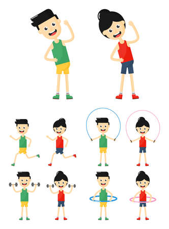 man and woman fitness exercise Isolated on white background. Vector Illustration.のイラスト素材