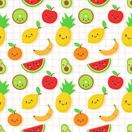seamless pattern tropical fruit kawaii style. isolated on white background. vector illustration.のイラスト素材