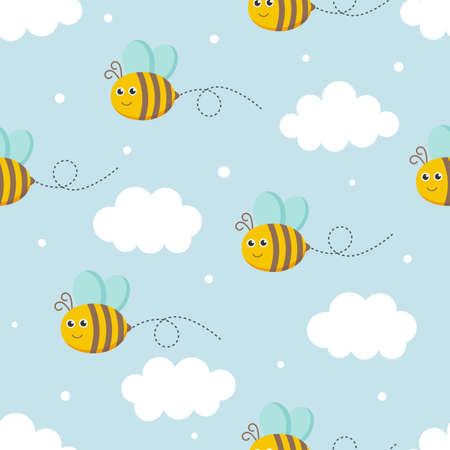 kawaii seamless pattern cute baby bee and cloud cartoon on blue background. illustration vector.のイラスト素材