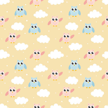 cute seamless pattern with cartoon baby owls and cloud for kids. animal on cream background. vector illustration.のイラスト素材