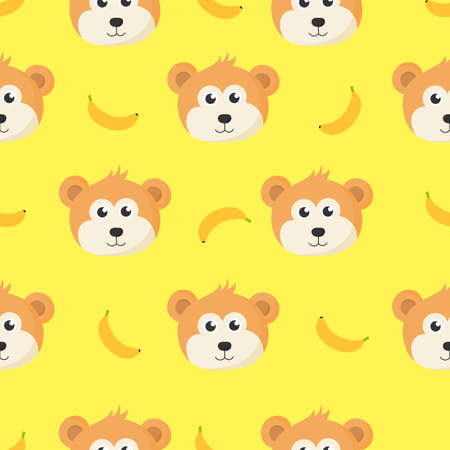cute seamless pattern with cartoon monkey face and banana for kids. animal on yellow background. vector illustration.のイラスト素材