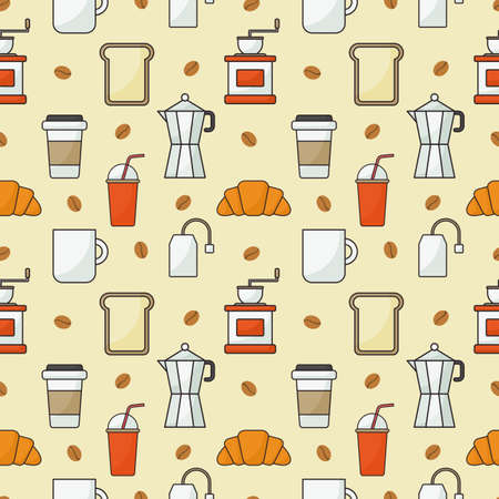 coffee shop icons set pattern seamless with orange background. vector illustration.のイラスト素材