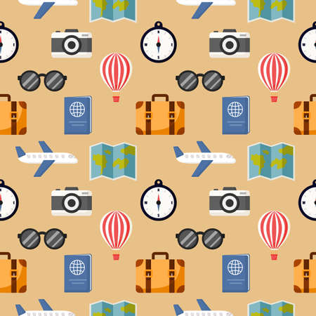 seamless pattern cute travel. cartoon style isolated on cream background. illustration vector.のイラスト素材