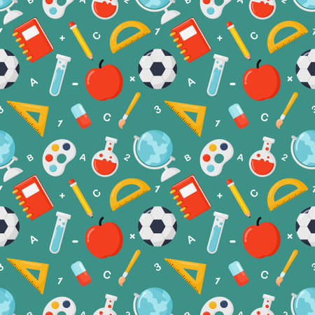 back to school seamless pattern. school supplies. education items on green background. vector Illustration.のイラスト素材