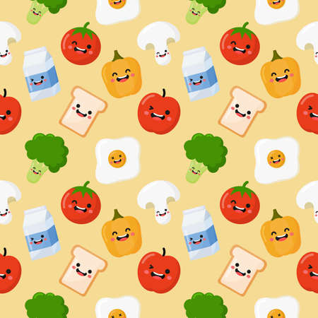 seamless pattern breakfast. food and drinks isolated on cream background. illustration vector.のイラスト素材