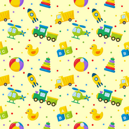 seamless pattern cartoon transport toys. cars, helicopter, rocket, balloon and plane. kawaii style isolated on yellow background. illustration vector.のイラスト素材