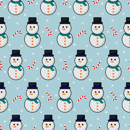 christmas seamless pattern. cute snowmen and candy isolated on blue background. vector Illustration.のイラスト素材