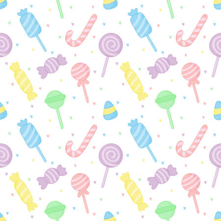 kawaii cute pastel candy sweet desserts seamless pattern with different types on white background for cafe or restaurant. illustration vector.のイラスト素材