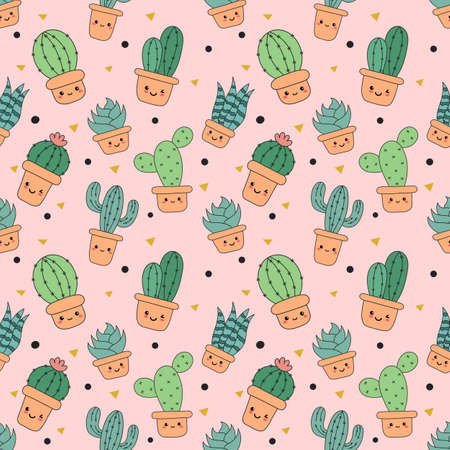 kawaii seamless pattern cute funny cactus  cartoon isolated on pink background. illustration vector.のイラスト素材