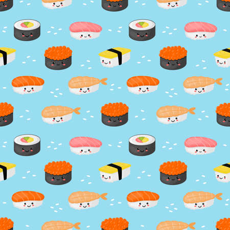 kawaii seamless pattern cute funny sushi and sashimi cartoon style isolated on blue background. illustration vector.のイラスト素材