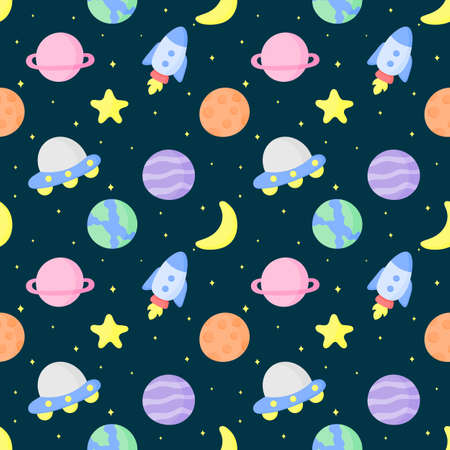 seamless pattern cartoon space. planets isolated on blue background. vector Illustration.のイラスト素材