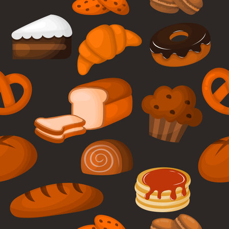 cute bakery seamless pattern. desserts on black background for cafe or pastry shop. illustration vector.のイラスト素材