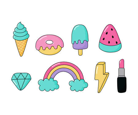 set of stickers or icon fashion patch badges. cartoon 80s, 90s comic style for girls isolated on white background. Vector illustrationのイラスト素材