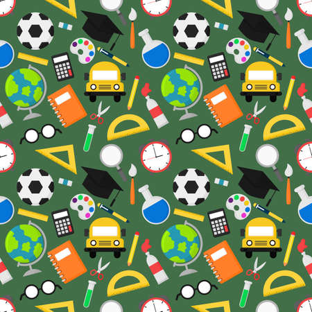 back to school seamless pattern. school supplies. education items on blackboard background. vector Illustration.のイラスト素材