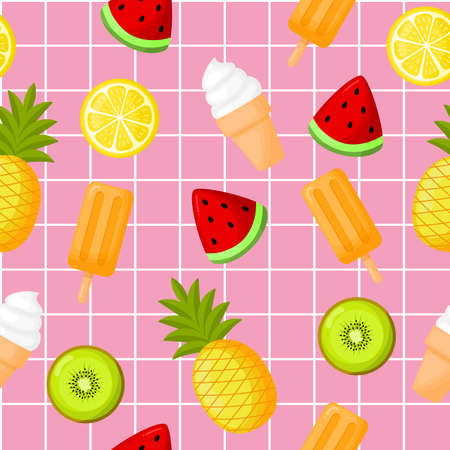 cute tropical fruits  with ice-cream seamless pattern. lemon, watermelon, pineapple and kiwi. summer food on pink background for cafe or restaurant. illustration vector.のイラスト素材