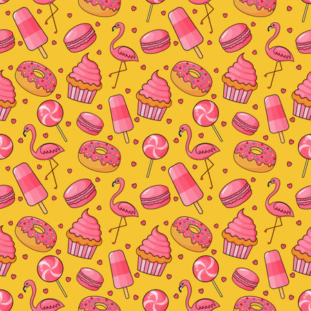 cute bakery and candy seamless pattern. desserts on yellow background for cafe or pastry shop....