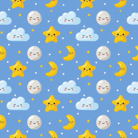 seamless pattern stars, moon and clouds. kawaii wallpaper on blue background. baby cute pastel colors. vector Illustration.のイラスト素材