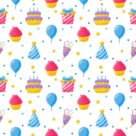 party celebration seamless pattern. birthday icons. carnival festive items on white background. vector Illustration.のイラスト素材