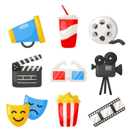 set of cinema icons signs and symbols collection for websites isolated on white background. illustration vector.のイラスト素材