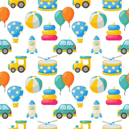 seamless pattern cartoon transport toys. cars, helicopter, rocket, balloon and plane. kawaii style isolated on white background. illustration vector.のイラスト素材
