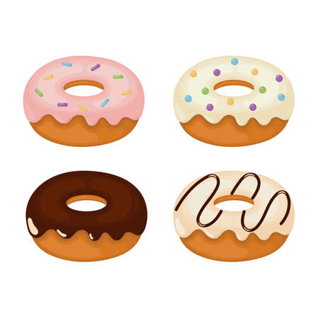 kawaii Cute Pastel donuts Sweet summer desserts cartoon with different types isolated on White Background for cafe or restaurant. illustration Vector.のイラスト素材