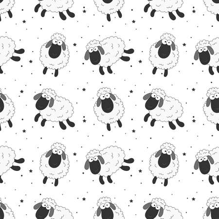seamless sweet dreams sheep funny animal pattern on white background for fabric, textile, paper, wallpaper, wrapping or greeting card. vector illustration.のイラスト素材