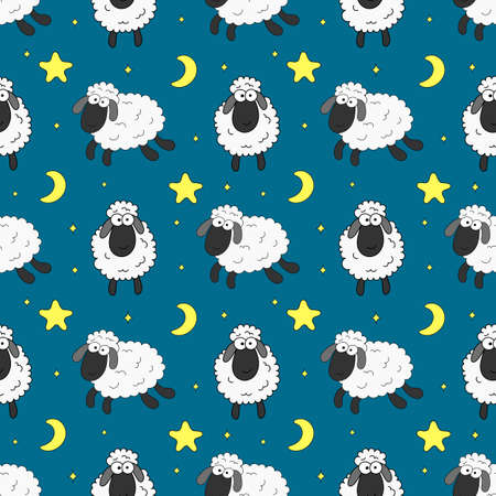 seamless sweet dreams sheep funny animal pattern on blue background for fabric, textile, paper, wallpaper, wrapping or greeting card. vector illustration.のイラスト素材