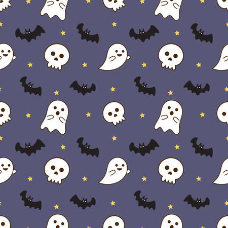 seamless pattern happy halloween icons isolated on purple background. vector Illustration.のイラスト素材