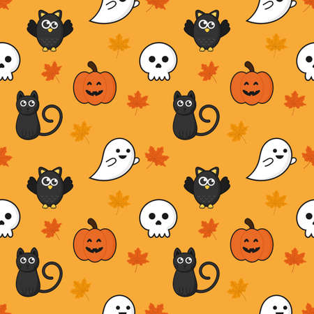 seamless pattern happy halloween icons isolated on orange background. vector Illustration.のイラスト素材