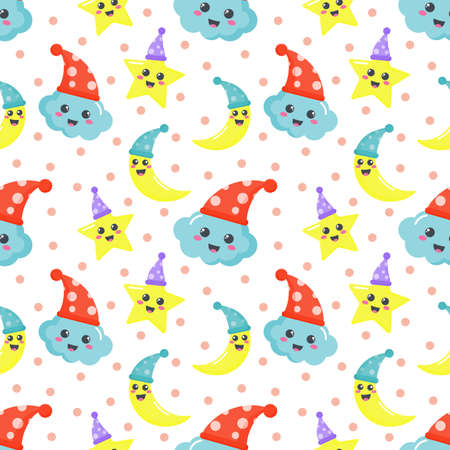 seamless pattern stars, moon and clouds. kawaii wallpaper on white background. baby cute pastel colors. vector Illustration.のイラスト素材