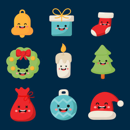 cute christmas characters flat icon set isolated on blue background. vector Illustration.のイラスト素材