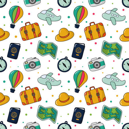seamless pattern cute travel. cartoon style isolated on cream background. illustration vector.のイラスト素材