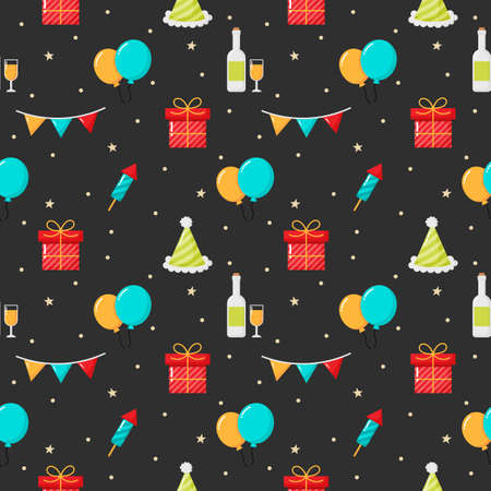 party celebration seamless pattern. birthday icons. christmas items on black background. vector Illustration.のイラスト素材