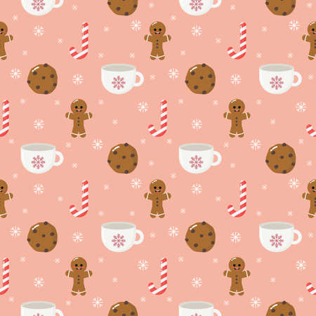 ginger cookie christmas dessert seamless pattern isolated on pink background. vector Illustration.のイラスト素材