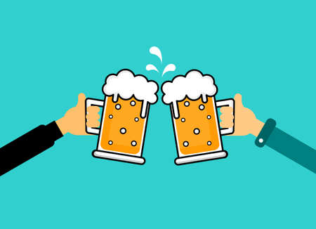 two hands holding a beer glass. drink beer with friend Isolated on blue background. Vector Illustration.のイラスト素材
