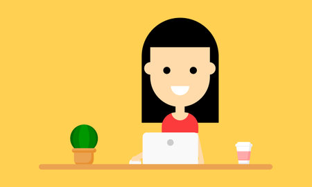 Happy Businesswoman is sitting working at the table with a laptop. Business concept. funny cartoon...