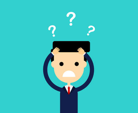 businessman thinking. question mark. funny cartoon character isolated on blue background. vector illustration.のイラスト素材