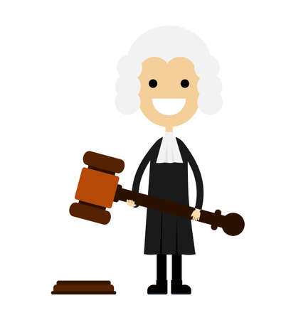 happy male lawyer hold in hands gavel justice symbol. funny cartoon character isolated on white background. vector illustration.のイラスト素材